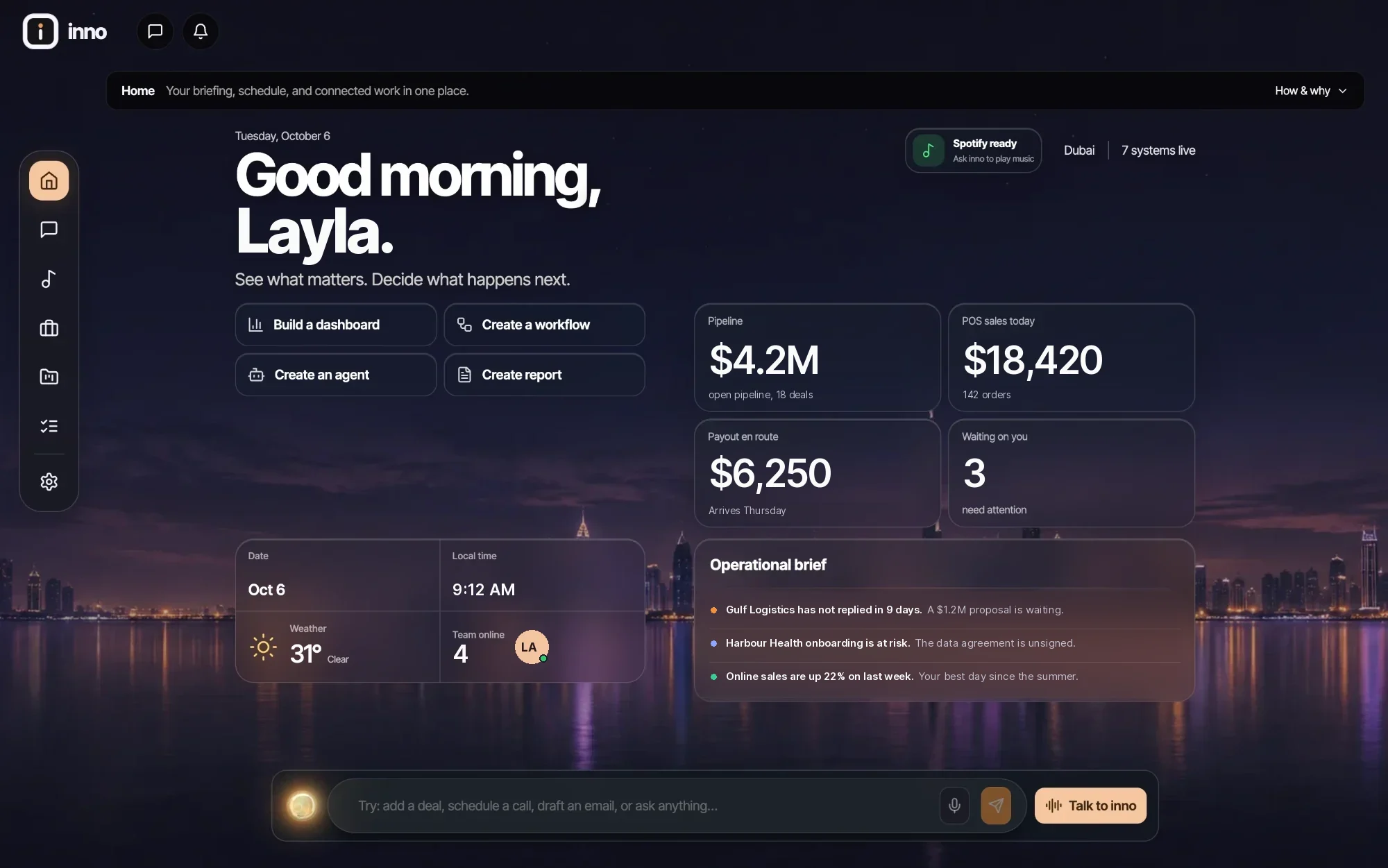 The inno home screen with a morning briefing, pipeline figures, and quick actions