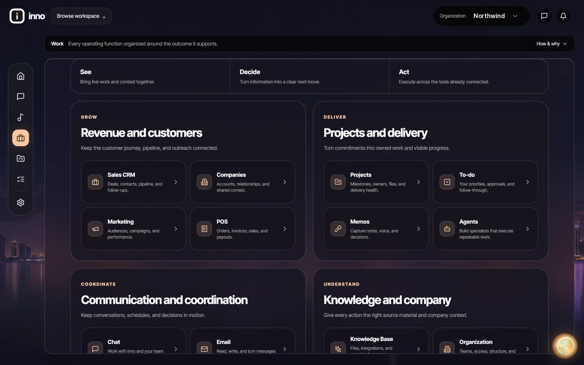 The inno work hub with sales, projects, agents, and knowledge areas